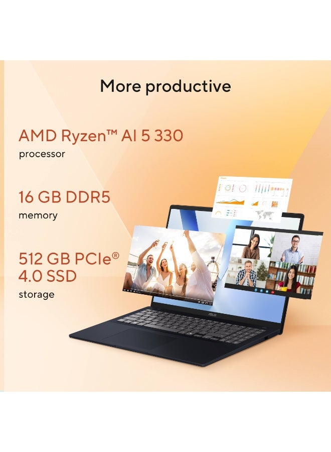 ASUS VivoBook 16 M1607KA Laptop, 16” WUXGA 1920x1200 Display, AMD Ryzen AI 5 330 Processor, 16GB RAM, 2TB SSD, Windows 11, WiFi 6E, Copilot+ PC Quite Blue - Image 4