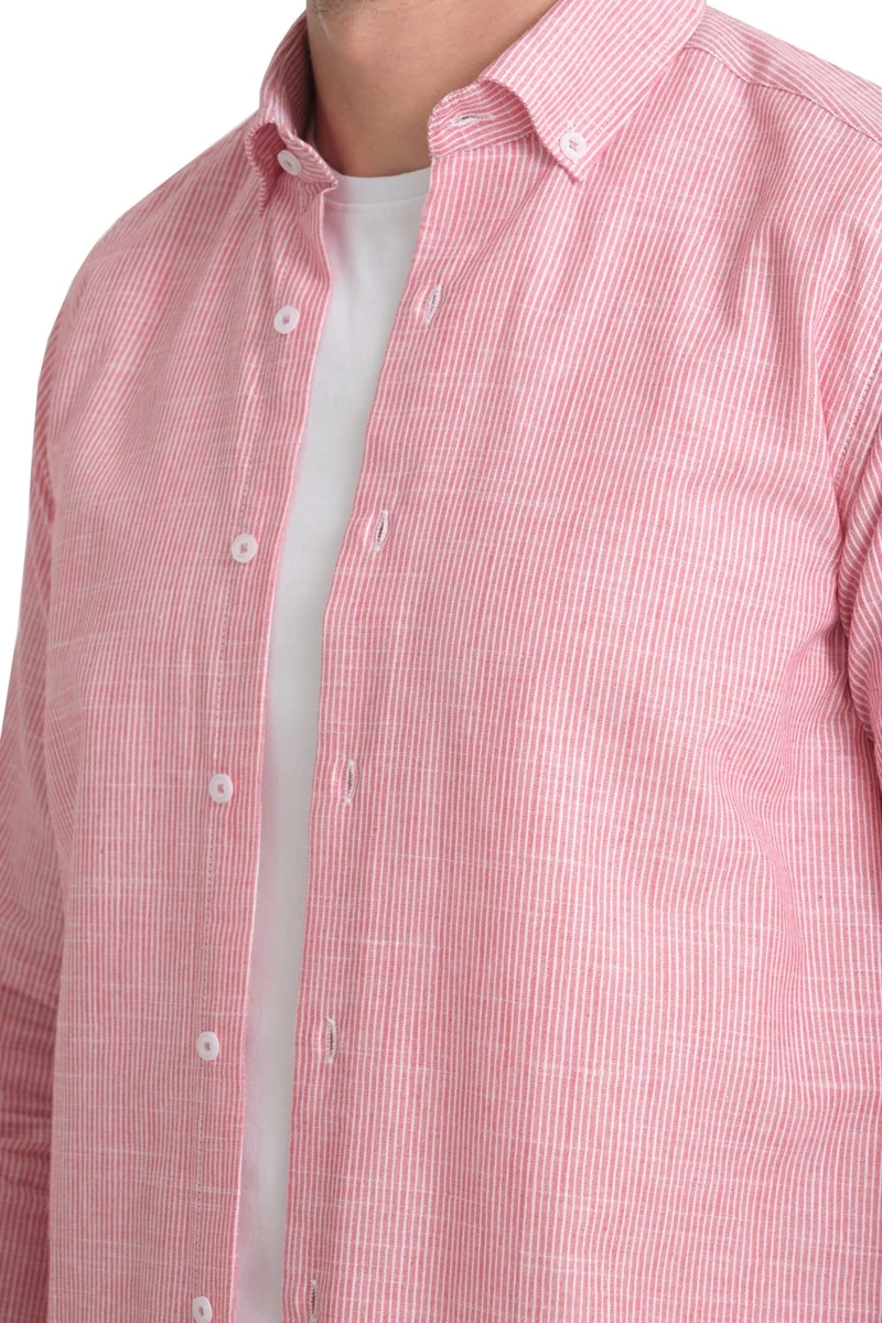 فاريتا Men's Carnation Pink Striped No Pocket Linen Effect Wide Cut Long Sleeve Shirt