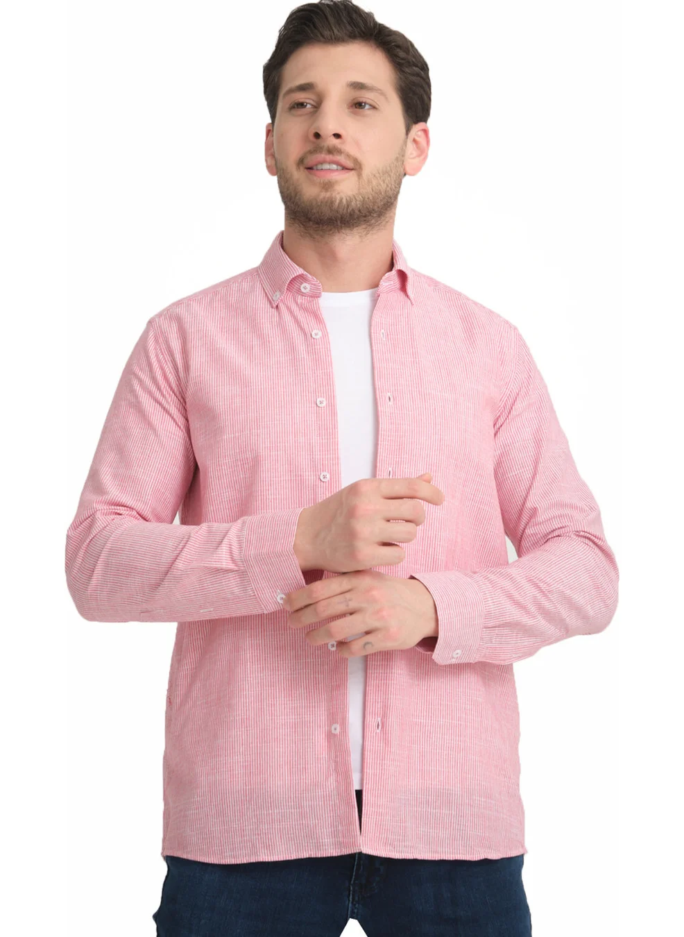 Varetta Men's Carnation Pink Striped No Pocket Linen Effect Wide Cut Long Sleeve Shirt