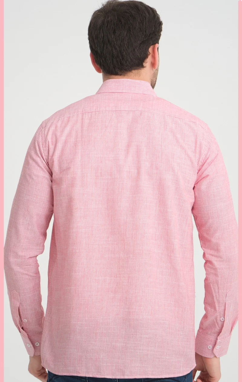 فاريتا Men's Carnation Pink Striped No Pocket Linen Effect Wide Cut Long Sleeve Shirt