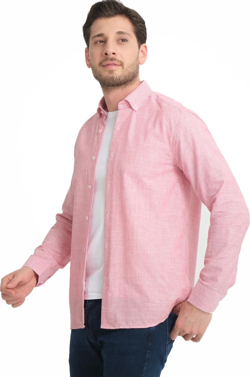 فاريتا Men's Carnation Pink Striped No Pocket Linen Effect Wide Cut Long Sleeve Shirt