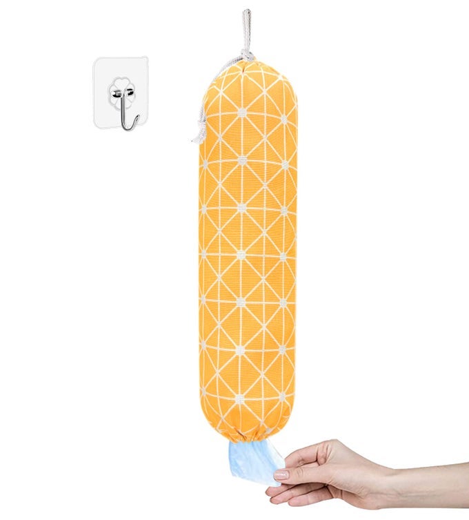 PLASTIC BAG HOLDER SHOPPING BAGS CARRIER WASHABLE LARGE GROCERY BAG STORAGE DISPENSER FOR HOME KITCHEN TRAVELLING FREE ADJUSTMENT WITH DRAWSTRING YELLOW 22X9