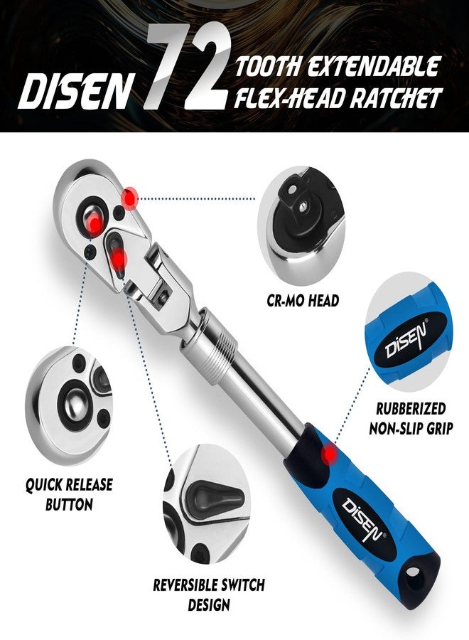DISEN 3-Piece Extendable Flex-Head Ratchet Wrench Set with EVA Storage Case - 1/4", 3/8", 1/2" Drive, 72-Tooth, Rubber Grip, Adjustable Length - Professional Automotive and DIY Tools - Image 2