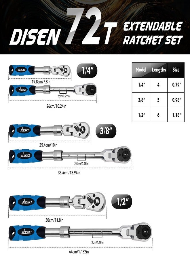 DISEN 3-Piece Extendable Flex-Head Ratchet Wrench Set with EVA Storage Case - 1/4", 3/8", 1/2" Drive, 72-Tooth, Rubber Grip, Adjustable Length - Professional Automotive and DIY Tools - Image 4