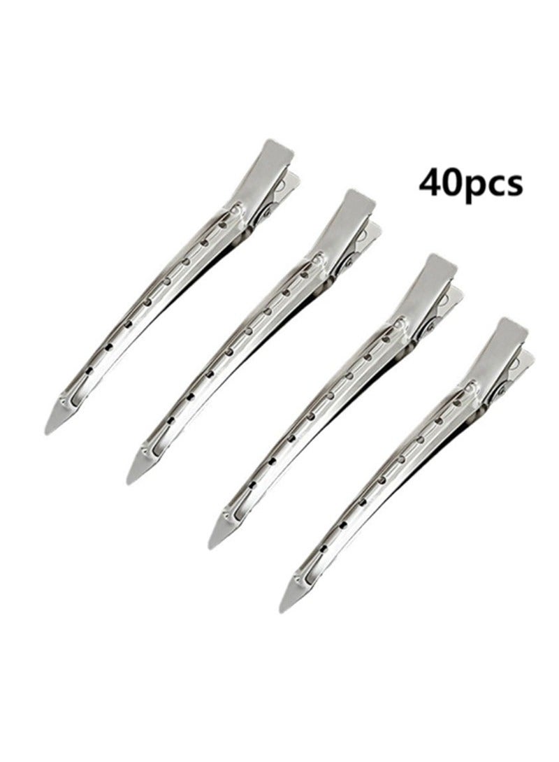 40 قطعة من مشابك منقار البط، مشبك تجعيد معدني، 3.5 بوصة مشبك تجعيد معدني مقاوم للصدأ على شكل تمساح مع فتحات لتصفيف الشعر، الصالون، فيونكات DIY (فضي) - Image 1