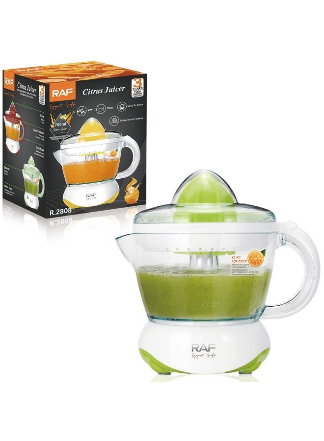 RAF 700ml Electric Citrus Juicer – 45W Automatic Juice Extractor Prepare delicious and refreshing orange, lemon, lime, and other citrus juices quickly with this RAF electric juicer. Its 700ml capacity, dual-direction rotation, and simple operation make everyday juicing easy. - Image 1