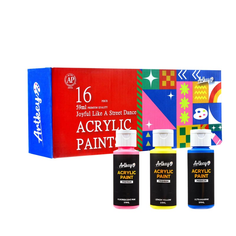 Artkey Acrylic Paint Set, 16 Colors 2 oz/59 ml Acrylic Paint Kit for Professional Artists & Beginners - Memphis Style “Pop Art Colors” Palette for Canvas, Wood, Fabric, Rock, Leather, Ceramic, Glass - Image 1