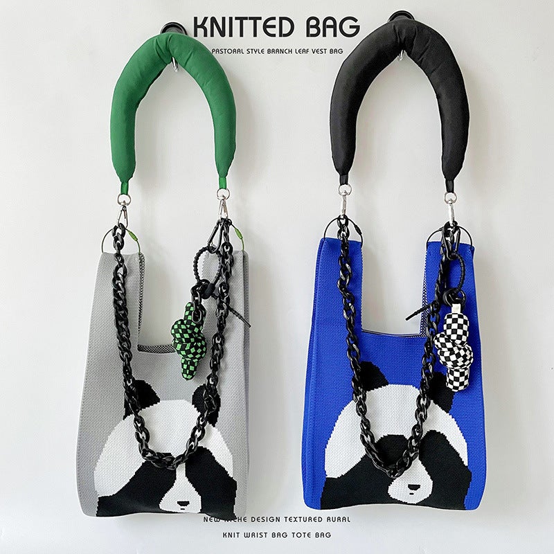 Panda Large-Capacity Knitted Shoulder Bag Handbag Versatile Travel Tote Bag Sale Trendy Woven Bag - Image 3