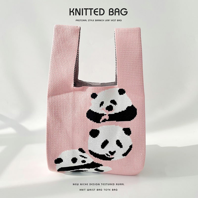 Panda Large-Capacity Knitted Shoulder Bag Handbag Versatile Travel Tote Bag Sale Trendy Woven Bag - Image 1