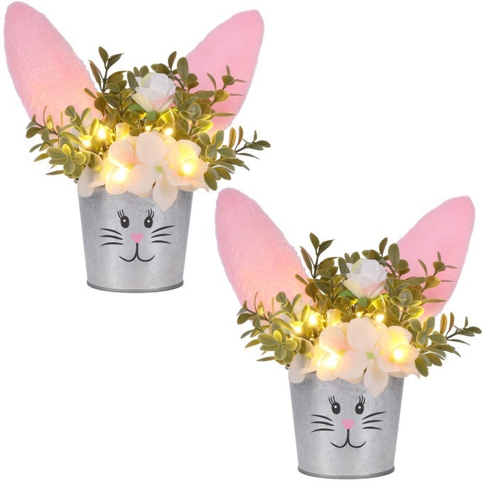 2 Pcs Easter Table Decorations Artificial Flower with Bunny Ear Lighted Easter Desk Decor Bunny Flowers Easter Tabletop Decorations for Home Table Mantle Office Spring Party