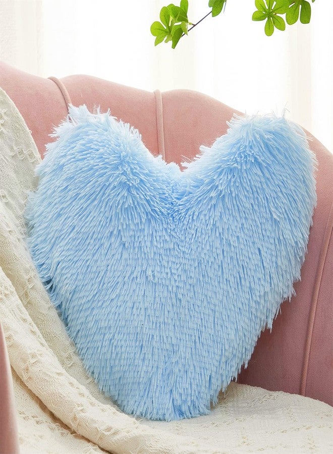 MOOWOO Fluffy Heart Pillow Gift for Girls Kids, Shaggy Plush Faux Fur and Sherpa, Cute Soft Throw Cushion Gift for Thanks Giving,Mothers Day,Valentines Day Decor,Heart Shaped (Blue) - Image 1