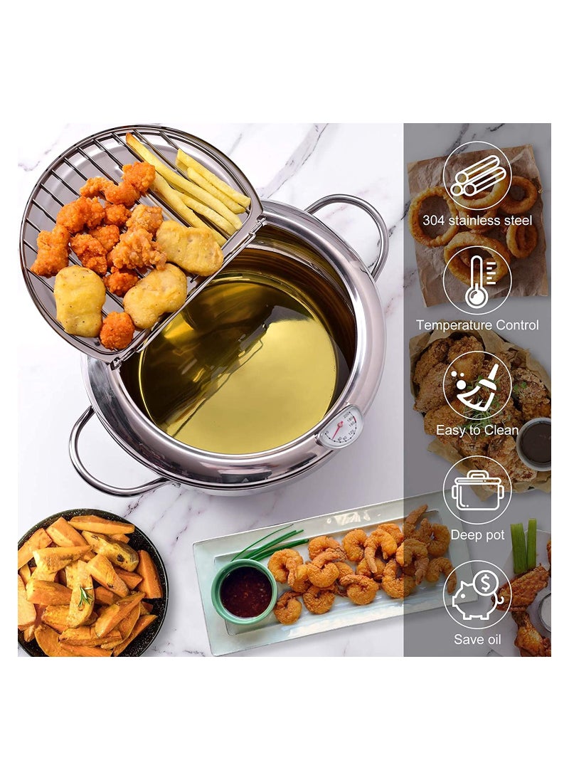 KASTWAVE - Deep Fryer Pot 304 Stainless Steel with Temperature Control and Lid Japanese Style Tempura Fryer Pan Uncoated Fryer Diameter 9.4" - Image 1