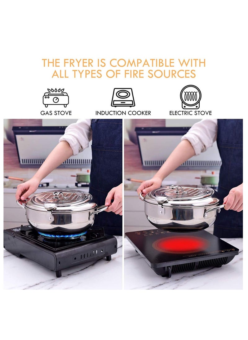 KASTWAVE - Deep Fryer Pot 304 Stainless Steel with Temperature Control and Lid Japanese Style Tempura Fryer Pan Uncoated Fryer Diameter 9.4" - Image 1