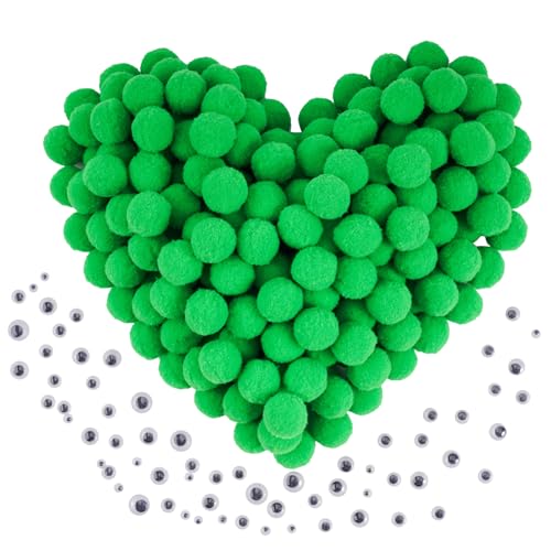 Caydo 400 pcs 300 Pieces Green Pom Poms for Crafts with 100 Wiggle Eyes 1 Inch Craft Pompom Balls for Kids Creative DIY Crafts and Easter Decorations - Image 1