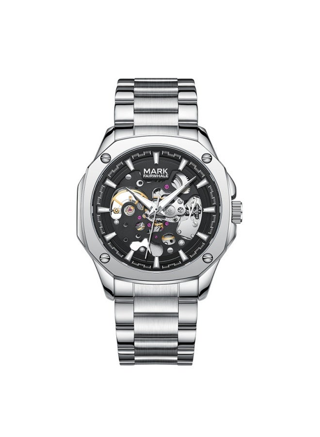 Mark Fairwhale Men's Skeleton Automatic Watch - Water Resistant, Luminous Dial, Silver Case & Strap - Image 1