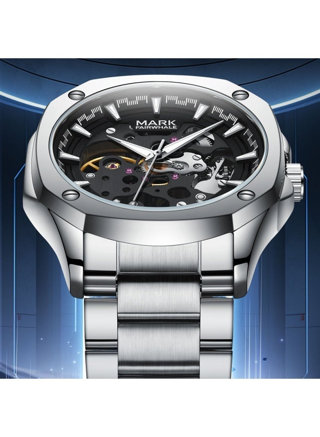 Mark Fairwhale Men's Skeleton Automatic Watch - Water Resistant, Luminous Dial, Silver Case & Strap - Image 2