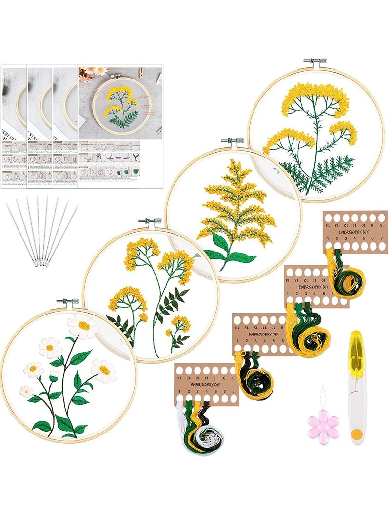 Captaintech Embroidery Starter Kit with Flower Pattern and Instruction Clear Organza Floral Needlepoint Cross Stitch Kit with Embroidery Hoop Threads Needle Scissors for Beginners DIY Craft 4 Pack - Image 1