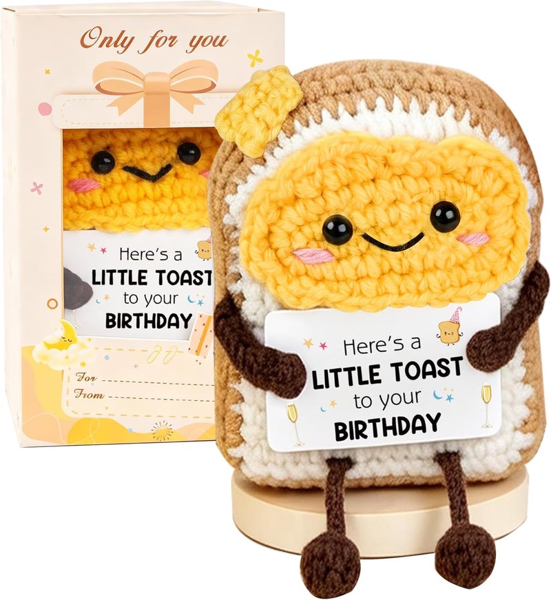 WITCOLOR Happy Birthday Gift For Women Men - Handmade Crochet Toast Ornament With Wood Base, Funny Birthday Milestone Souvenir For Friends, Coworker, Sister, Little Toast Desk Decor Ornament - Image 1