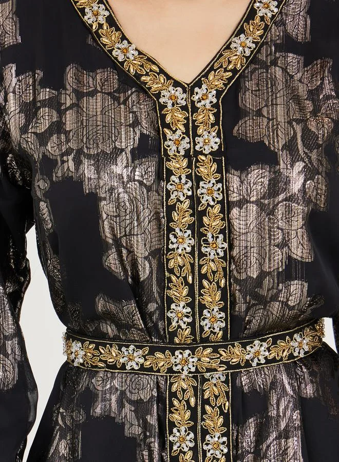 Styli Beaded Hand Embroidery Kaftan with Tie Belt