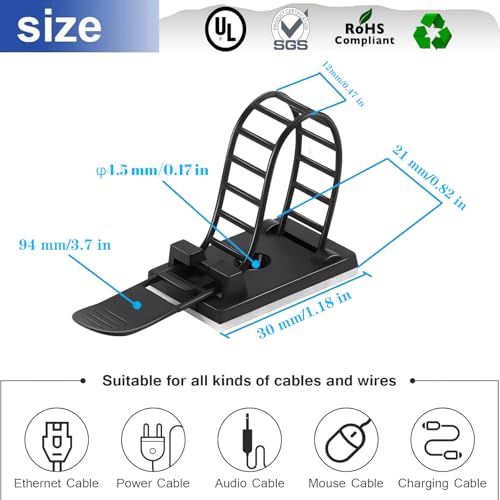 SZFUDIGO Adjustable Adhesive Cable Management Clips 50Pcs, Large self Adhesive Cable Ties Clips ，Suitable for Cable Management Under desks and on Walls(Black) - Image 2
