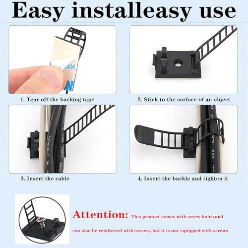 SZFUDIGO Adjustable Adhesive Cable Management Clips 50Pcs, Large self Adhesive Cable Ties Clips ，Suitable for Cable Management Under desks and on Walls(Black) - Image 5