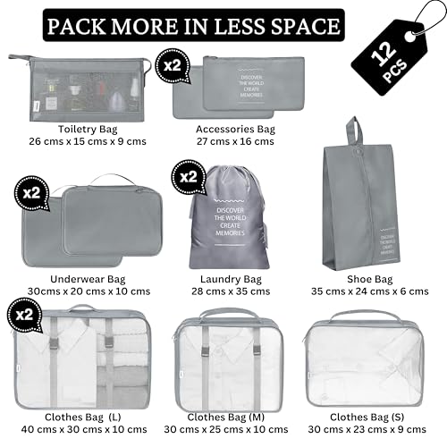 POPCUBE 12 Pcs Travel Organizer Pouch Packing Cubes for Clothes Space Savers Bags Cosmetics/Underwear/Socks/Shoes Toiletry Bag Laundry Organiser (Grey, 12 Pack) - Image 2
