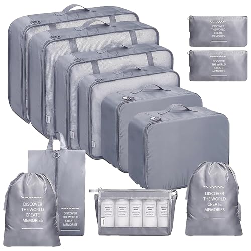 POPCUBE 12 Pcs Travel Organizer Pouch Packing Cubes for Clothes Space Savers Bags Cosmetics/Underwear/Socks/Shoes Toiletry Bag Laundry Organiser (Grey, 12 Pack) - Image 1