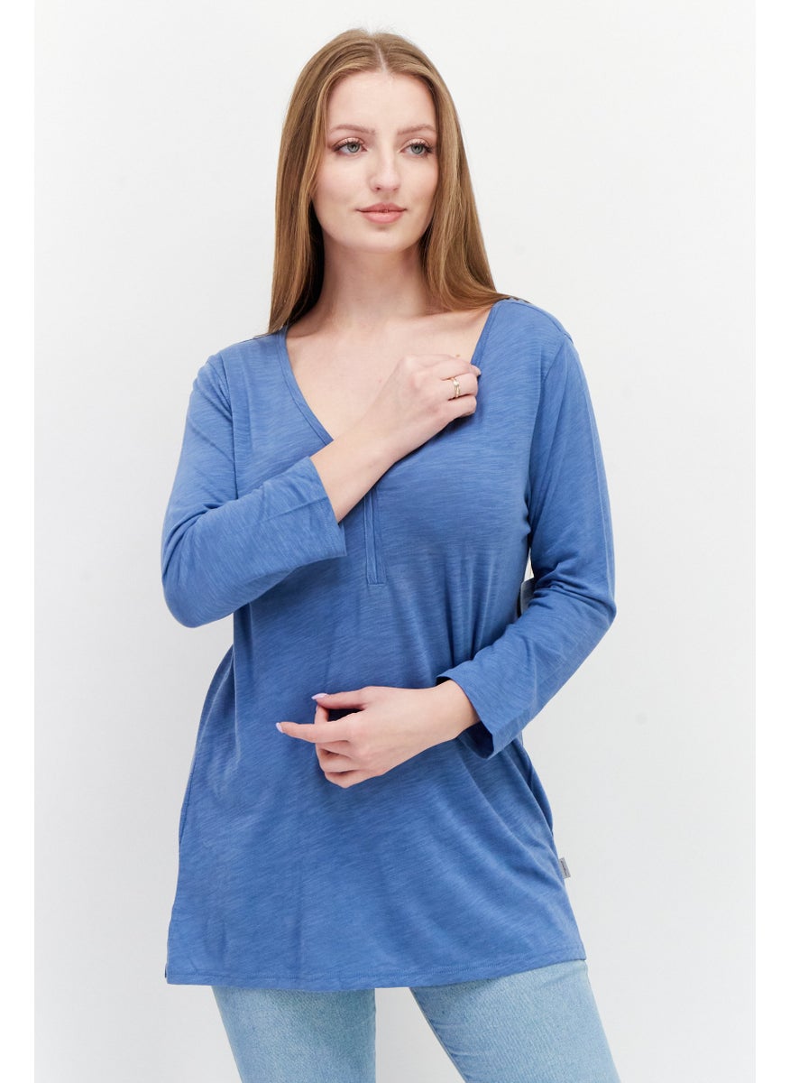 Eddie Bauer - Women V Neck Long sleeves Plain T-shirt, Blue - Image 1