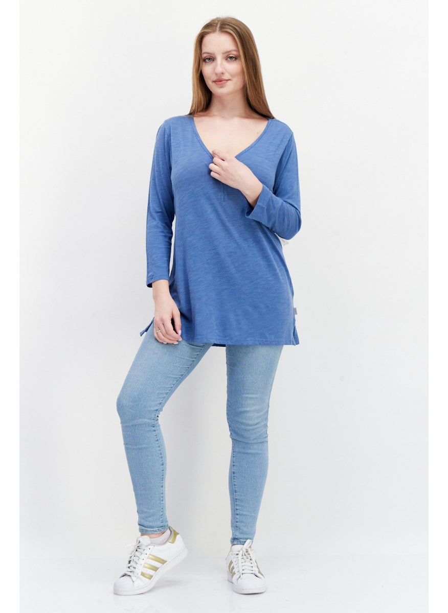 Eddie Bauer - Women V Neck Long sleeves Plain T-shirt, Blue - Image 1