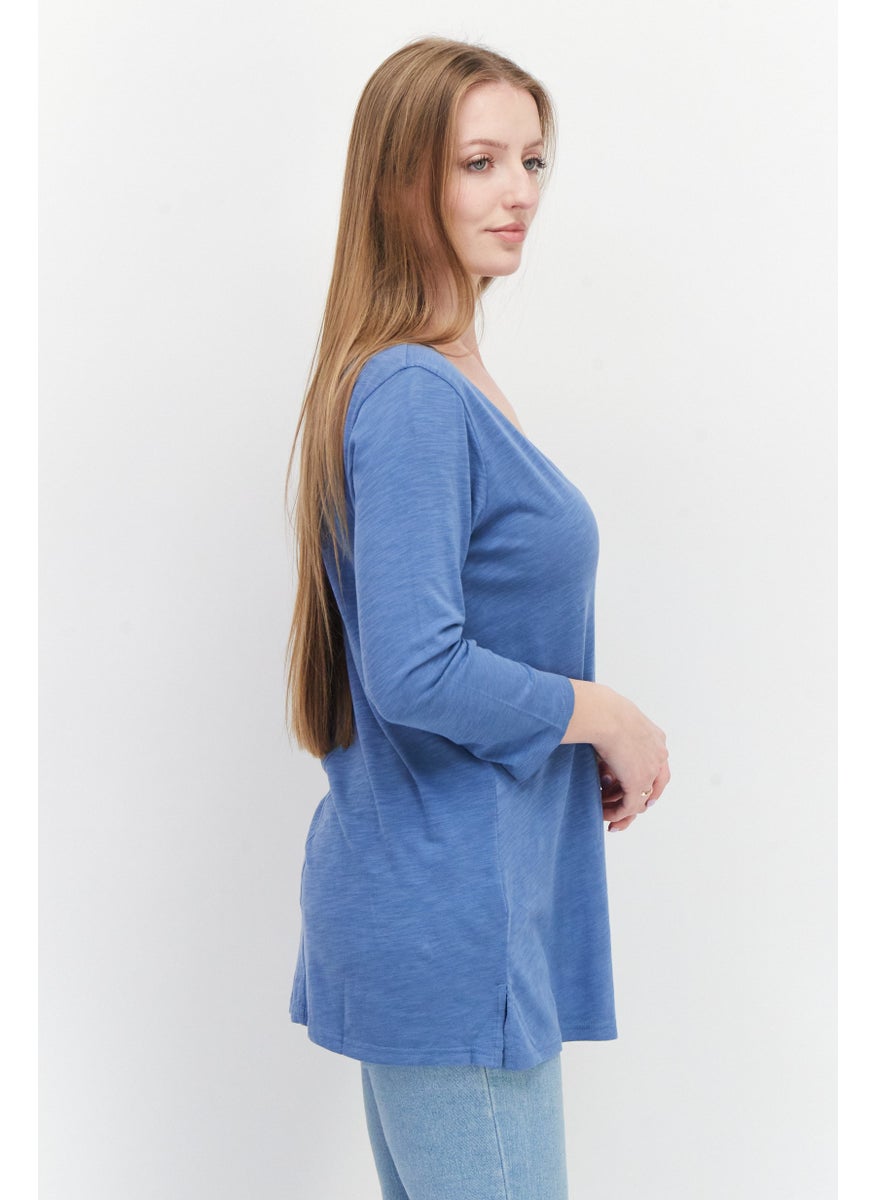 Eddie Bauer - Women V Neck Long sleeves Plain T-shirt, Blue - Image 1