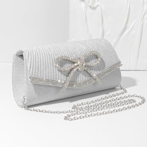 Trisapu Bow Evening Bag Sparkly Clutch Purses for Women Wedding Glitter Rhinestone Party Prom Purse Dressy Clutch Bags Silver - Image 3