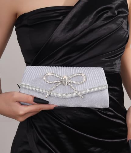 Trisapu Bow Evening Bag Sparkly Clutch Purses for Women Wedding Glitter Rhinestone Party Prom Purse Dressy Clutch Bags Silver - Image 2