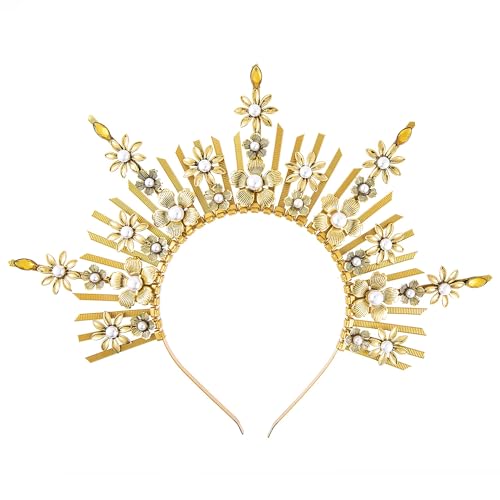 Fantherin Mary Halo Crown Headband Spiked Zip Tie Halo Crown Sunburst Goddess Headpiece with Crystal Style-4-Gold - Image 1