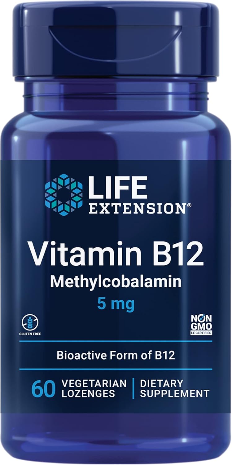 Life Extension مكمل فيتامين ب12 ميثيلكوبالامين لصحة الأعصاب دعم الإدراك طاقة فيتامين ميثيلكوبالامين ب12 5 ملغ سريع الذوبان خالي من الغلوتين غير معدل وراثيًا نباتي 60 حبة مصاصة - Image 1