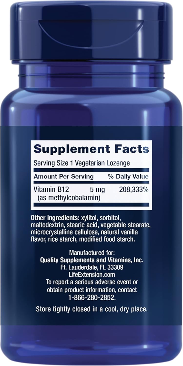 Life Extension مكمل فيتامين ب12 ميثيلكوبالامين لصحة الأعصاب دعم الإدراك طاقة فيتامين ميثيلكوبالامين ب12 5 ملغ سريع الذوبان خالي من الغلوتين غير معدل وراثيًا نباتي 60 حبة مصاصة - Image 2