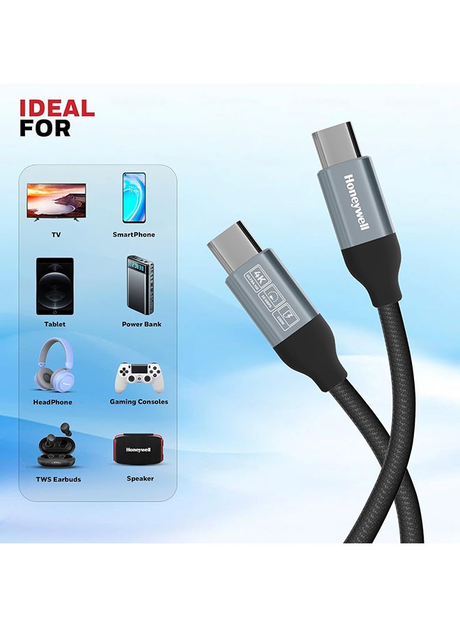 Honeywell Type C to Type C USB 3.1 Cable, 4 Feet (1.2M), Max Output 5A 100W, QC 3.0, Fast Charge, Compatible with Apple Devices, Smartphones, Laptops, Power Banks, Tablets, Headphones, Speakers - Black - Image 3