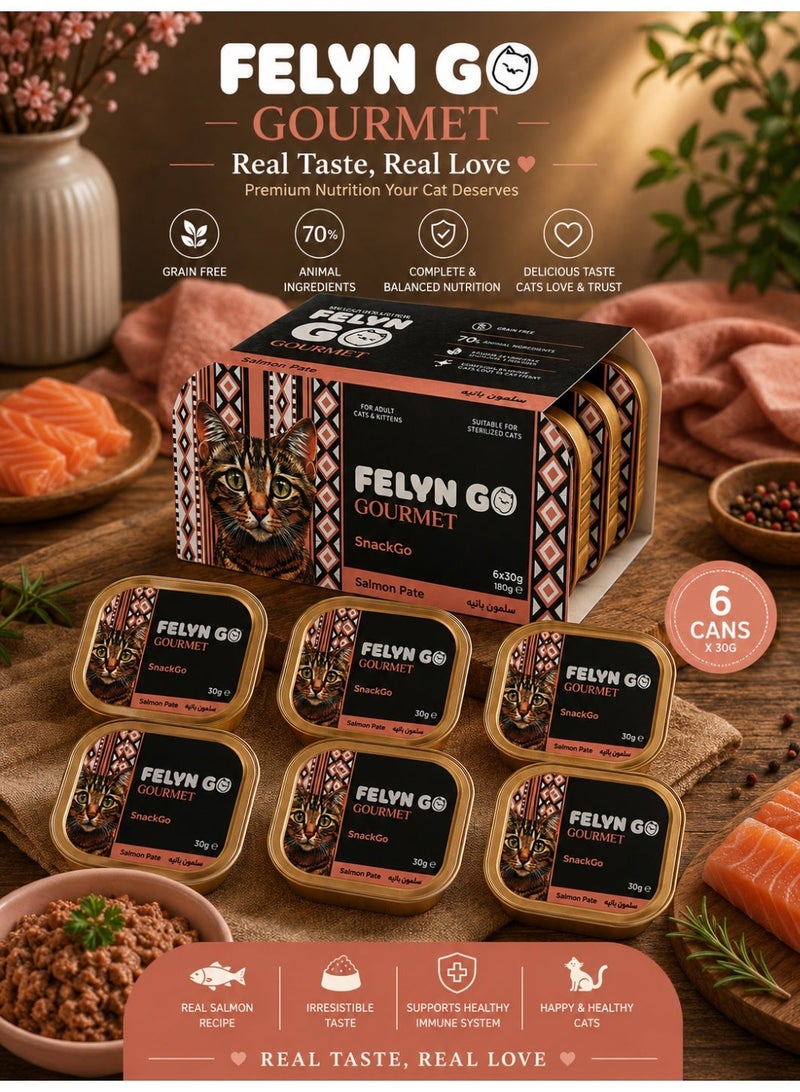 Felyn GO Salmon Pâté for Adult Cats & Kittens – 6 Pack Wet Cat Food – Grain Free Premium Salmon Pâté – Complete & Balanced Nutrition (30g × 6) - Image 1