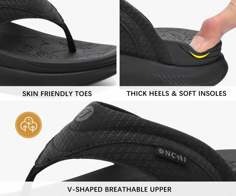 ONCAI Orthopedic Flip Flops Women with Arch Support Ladies Orthotic Recovery Sandals 2025 Comfortable Plantar Fasciitis Slip On Walking Sandal for Womans Indoor Casual Summer Black Size 6 - Image 4