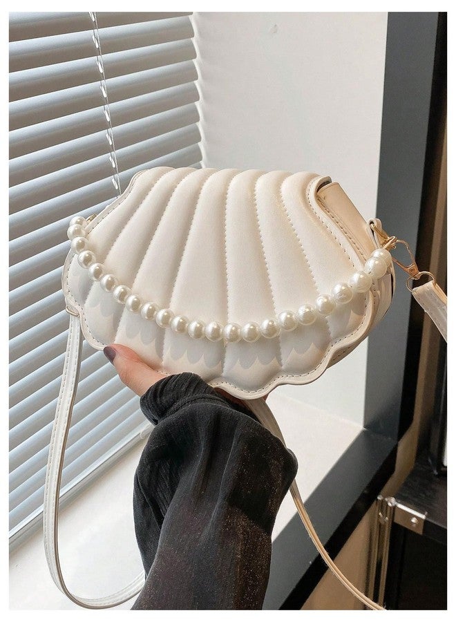 MakeMeChic Women's Seashell Shape Pearl Croccbody Handbag Leather Flap Adjustable Strap Shoulder Bag White One Size - Image 4