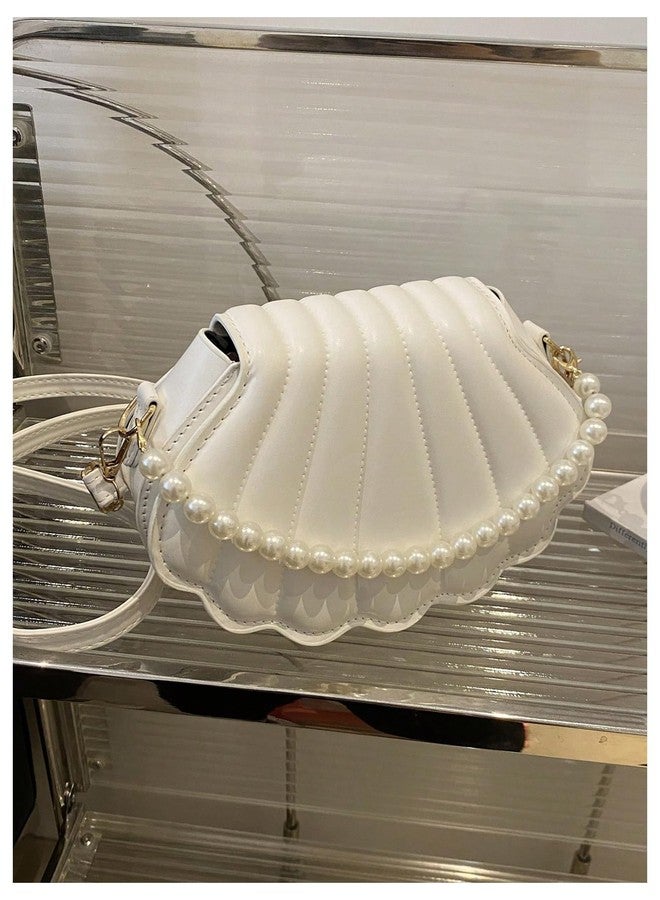 MakeMeChic Women's Seashell Shape Pearl Croccbody Handbag Leather Flap Adjustable Strap Shoulder Bag White One Size - Image 5