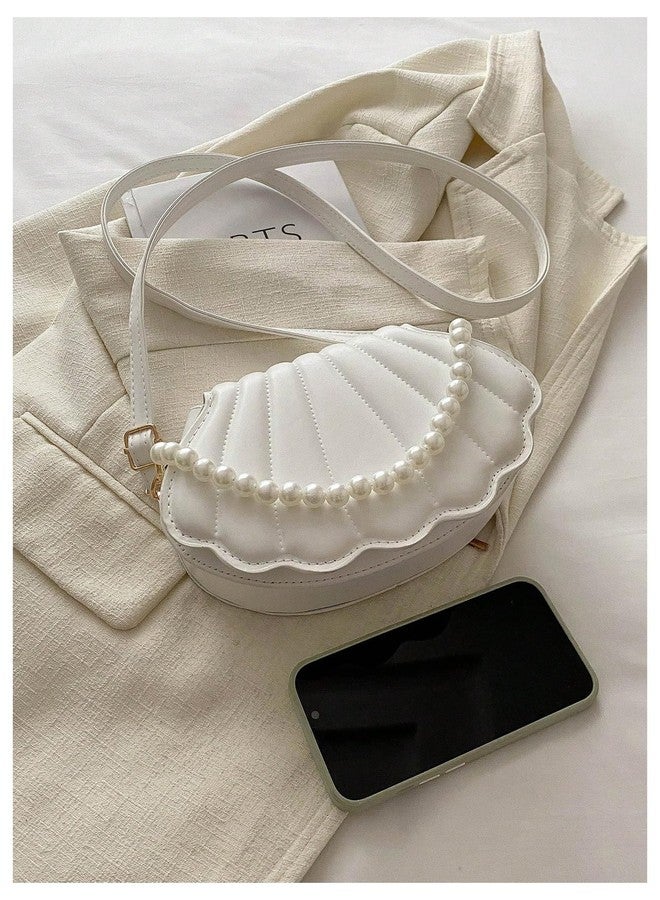 MakeMeChic Women's Seashell Shape Pearl Croccbody Handbag Leather Flap Adjustable Strap Shoulder Bag White One Size - Image 3