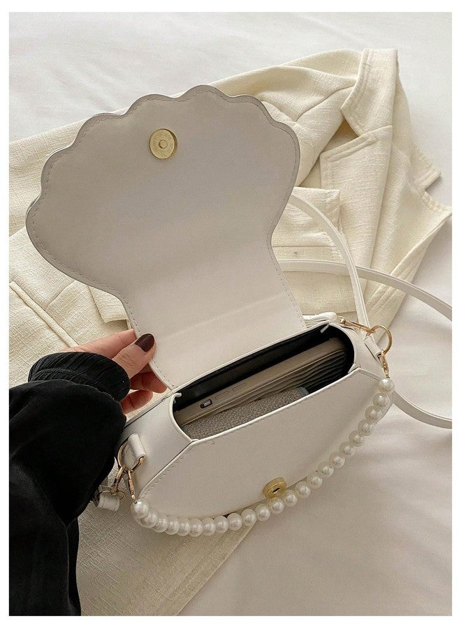 MakeMeChic Women's Seashell Shape Pearl Croccbody Handbag Leather Flap Adjustable Strap Shoulder Bag White One Size - Image 2