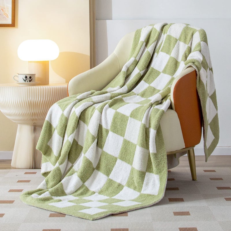 SeaRoomy Checkered Throw Blanket Ultra Soft Cozy Microfiber Knit Throw Blanket Warm Fluffy Reversible Checkerboard Blanket for Couch Bed Travel Picnic Room DecorSage Green 6079