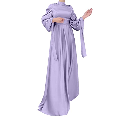 OBEEII Abayas for Women Muslim Abaya Long Sleeve Maxi Dress Satin Loose Full Cover Islamic Dubai Robe Kaftan Abayas Purple Large - Image 3