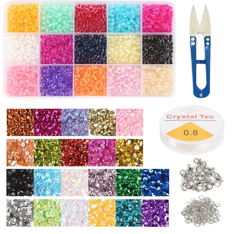 CCINEE 10322 Pcs Glass Seed Beads and Loose Sequins Kit 4mm Small Craft Beads 6mm Tiny Spangles Kit with Bracelet String Scissors for Embroidery Applique Arts Handmade Crafts and Embellishment