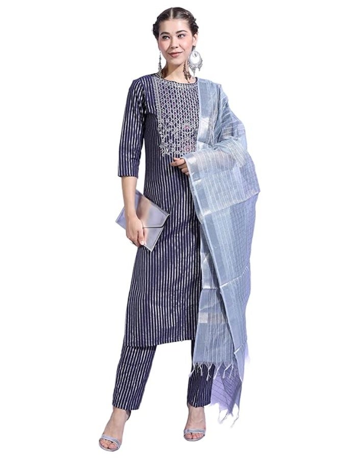 Vishudh Women's Cotton Ethnic Set  BLUE/SILVER 2XL - Image 1