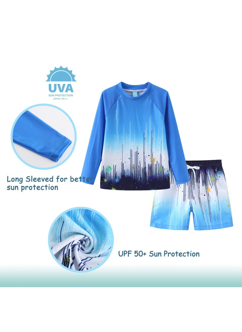 Lollisy Boys Rash Guard Swimsuits Set for Boys 2 Piece Long Sleeve Swim Shirts Quick Dry Bathing Suits with Trunks Blue Gradient Size 8/7-8 Years  - Image 3