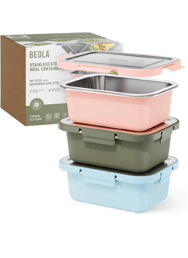 BEOLA Set of 3 Pieces, Microwave Safe Stainless Steel Lunch Box, MC-Steel™ 18/8 Premium BPA free Materials, Food Storage Container, Dishwasher Safe Meal Prep Set, Food Kitchen Box(1250ml, Mix Colors) 