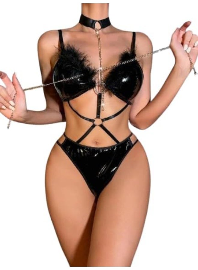 Hanady Women's Stretchy Faux Leather Bodysuit Decorated with Soft Fur and Gold Chains Cross Ties and Choker Design One Size Hn 9167 - Image 1