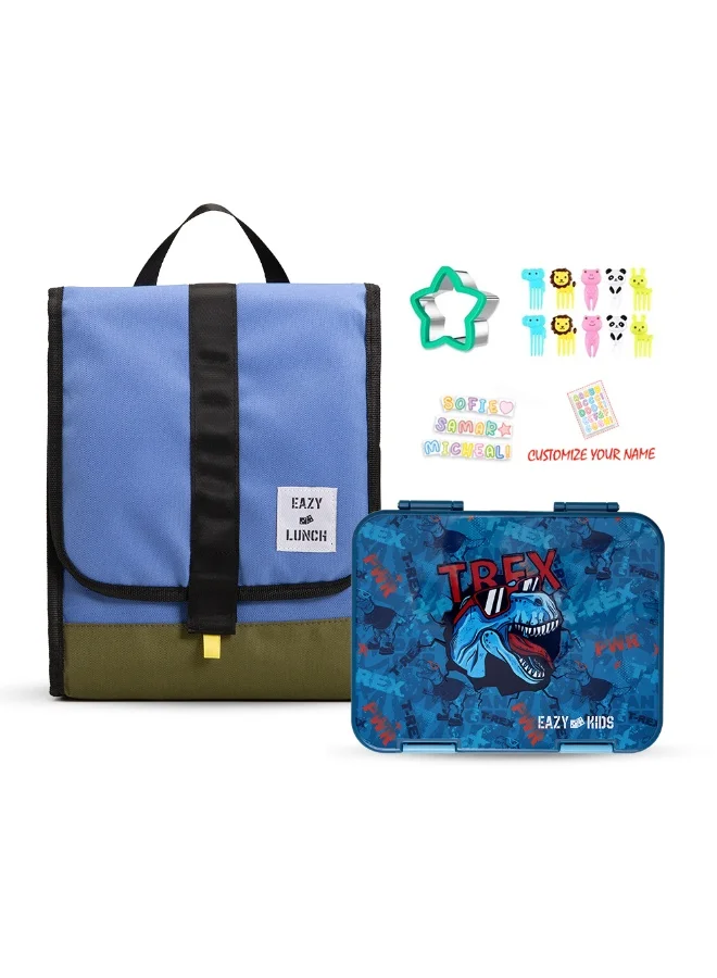 Eazy Kids Eazy Kids 6 & 4 Convertible Bento Lunch Box w/ Lunch Bag, Sandwich Cutter Set - T-Rex Blue
